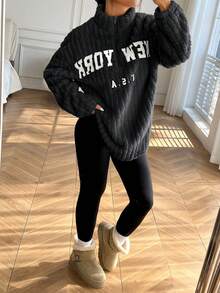 SHEIN EZwear Damen Lässig Woll-gefütterter Hoodie mit Reißverschluss und Buchstaben-Muster sowie Hose Set, Grau, Herbst/Winter Hoodie und Jogginghose Set, Homewear & Workwear Y2K dickes Fleece 2-teiliges Outfit, Damen New York Bekleidung, Damen bequeme Kleidung