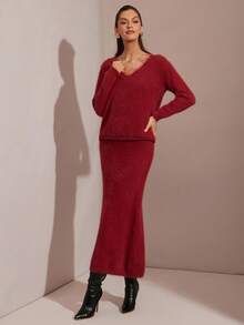 Enchnt Winterromantisches zweiteiliges Damen-Set: Rotes V-Ausschnitt-Top mit langen Ärmeln und Rock. Schick und elegant für Alltag und Freizeit, Halloween-Kostüm, Weihnachtskleidung, elegantes Winter-Set, rotes Set, Winteroutfit für Damen, Silvesterkleidung. - Bordeaux - Übersicht 5