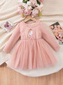 1-Pack Cute Baby Girl Casual And Elegant Grab Pink Hem Spliced Glitter Tulle Dress Suitable For Birthday Parties, Evening Parties, Performances, Weddings, Baptisms, Opening Ceremonies, Suitable For Daily Use, Suitable For Travel, Suitable For Autumn And Winter Dusty Pink Baby Dress Pink Dresses For Baby Girl Baby Girl Unicorn Dress Baby Girl Long Sleeve Dress Toddler Pink Tulle Dress Pink Dress Homecoming Dresses - Pink - View 1