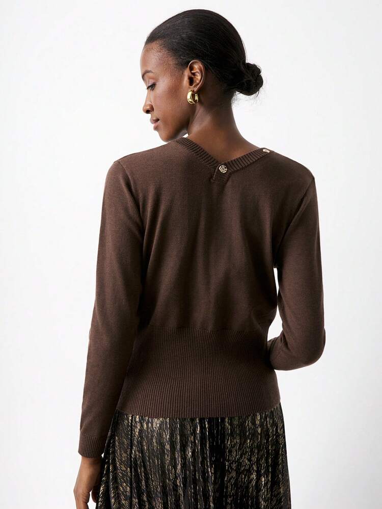 SHEIN Maija Women's Casual V-Neck Button-Up Cardigan, Solid Color, Versatile For Daily Commute, Autumn Autumn Clothes For Women Casual Blouses For Women  Brown Sweate