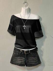 Attitoon Striped Casual Loose Plus Size One-Shoulder Drop Shoulder Short Sleeve T-Shirt, Comfortable & Relaxed College Style For Plus Size Women - Multicolor - View 7