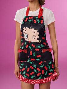 Betty Boop x SHEIN 1pc Cherry Print Apron, Cute Bow Pocket Design, Comfortable And Soft, A Must-Have For Kitchen BakingGift Ideas