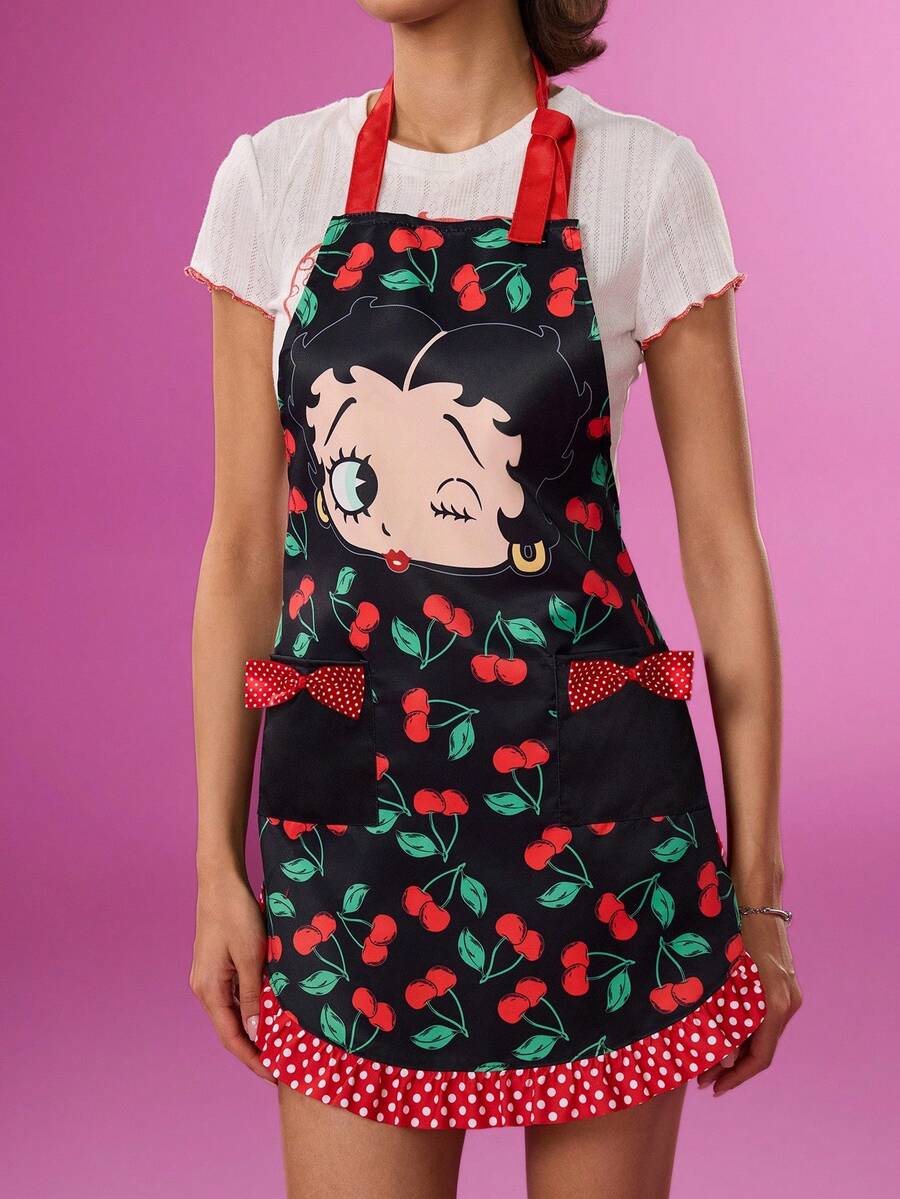 Betty Boop x SHEIN 1pc Cherry Print Apron, Cute Bow Pocket Design, Comfortable And Soft, A Must-Have For Kitchen Baking,Gift Ideas,Party,Holiday,Valentine's Day - Black - View 1