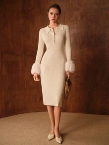 MOTF PREMIUM 秋冬款拼接仿皮草袖腰收腰优雅针织长裙 - 杏色 - 查看 6