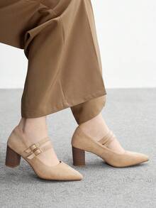 CUCCOO BIZCHIC 杏色尖头木纹粗跟玛丽珍鞋，时尚女士高跟鞋，适合通勤、约会、派对、度假、购物 - 杏色 - 查看 5