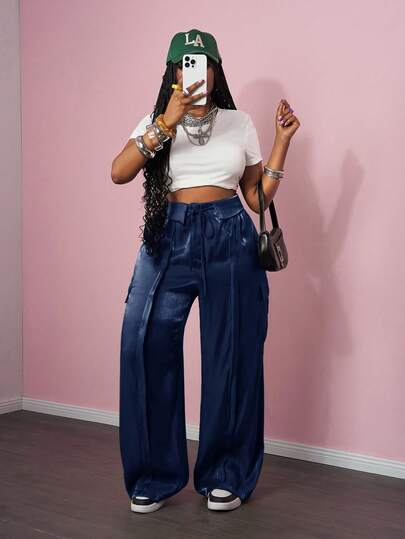 Slaydiva 春夏新款音乐节、街头风、度假风宽松腰部装饰工装口袋阔腿大码女裤 - Z