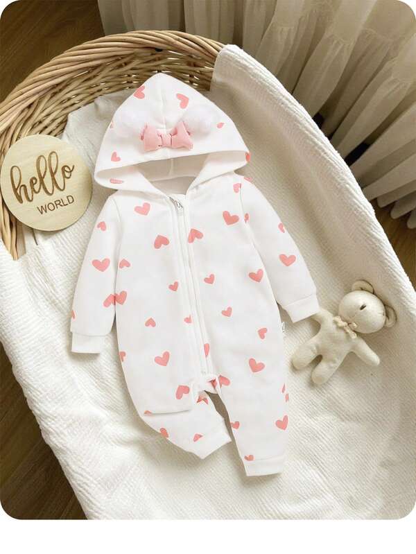 SHEIN Baby Girl 1pc Heart Print 3D Ear Detail Hooded Jumpsuit