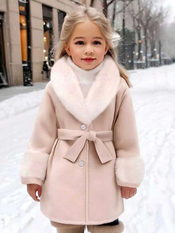 SHEIN Płaszcz dla młodej dziewczyny z puszystym kołnierzem, ciepły i słodki