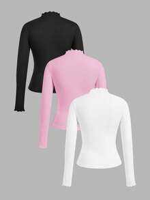 SHEIN EZwear 3件套黑色、粉色、白色休闲简约长袖紧身T恤，秋冬 - 彩色 - 查看 2