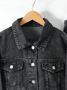 SHEIN 2pcs/Set Teen GirlGray Denim Lapel Short Jacket And Loose Fit Pants,Fall Clothes,Winter Clothing ,Casual And Fashionable Vacation Outfits,Streetwear,2000s Style ,Halloween Denim Jeans ,Christmas - Grey - View 6