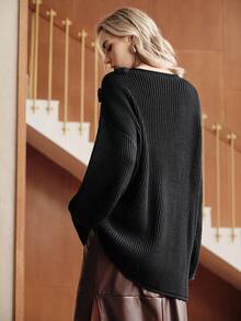 Uhlyne Solid Color Minimalist Crew Neck Long Sleeve Sweater, Elegant Casual High-End Vintage Style, Handcrafted Crochet Details, Women Knit Pullover Suitable For Daily Commute, Holidays, Parties - Black - View 2