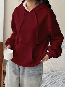 SHEIN EZwear Felpa con collo alto e mezza chiusura lampo, in pile, casual e ampia, con coulisse, colore bordeaux, adatta per l'autunno/inverno - Bordò - Visualizzare 3