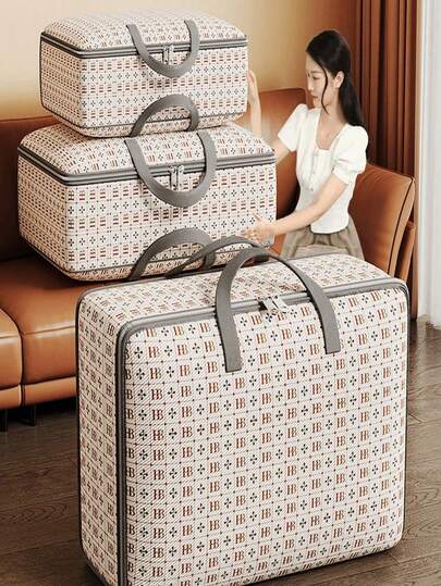 SHEIN Basic living 1 pieza/2 piezas Bolsa de almacenamiento de tela no tejida laminada y reforzada de gran capacidad con diseño exclusivo, bolsa de transporte rectangular extra grande de tela no tejida minimalista de gran capacidad, bolsa de almacenamiento plegable impermeable y a prueba de humedad para edredones, ropa y armarios, adecuada para uso doméstico/dormitorio