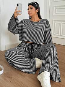 SHEIN EZwear Plus Size Women's Casual Loose Striped Round Neck Drop Shoulder Long Sleeve Top And Wide Leg Pants 2 Pieces Set, Early Autumn - Black and White - View 4