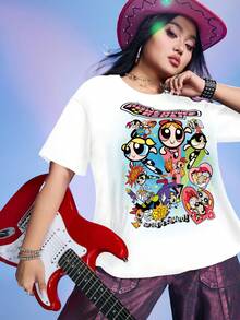 THE POWERPUFF GIRLS X SHEIN 加大码宽松花朵、泡泡、毛茛图案短袖 T 恤 - 白色 - 查看 5
