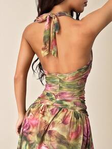 SHEIN PETITE Spring/Summer Solid Green & Pink Floral Print Deep V-Neck High Slit Sheer Maxi Dress, Beach Resort Dress, Sexy Elegant Dress, Suitable For Layering In Autumn/Winter