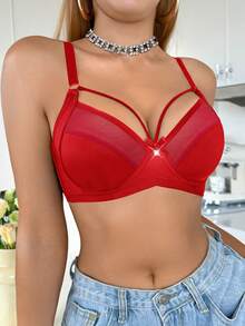 SHEIN 1pc Women's Christmas Bra With Underwire - Red - View 3