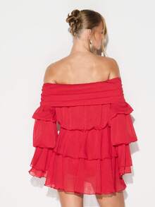 KIZN Off Shoulder Tiered Ruffle Mini Dress With Long Sleeves For Party Evening Occasions - Red - View 2