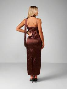 MISSGUIDED Chocolate Satin Polka Dot Halter Neck Midaxi Dress With Twisted Front Detail - Brown - View 2