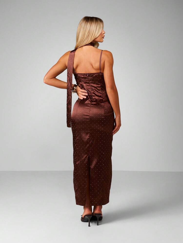 MISSGUIDED Chocolate Satin Polka Dot Halter Neck Midaxi Dress With Twisted Front Detail
