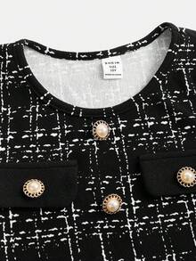 Tween Girl Autumn/Winter Color Block Splice Elegant Fitted A-Line Button Decor Long Dress, Black - Coffee - View 4
