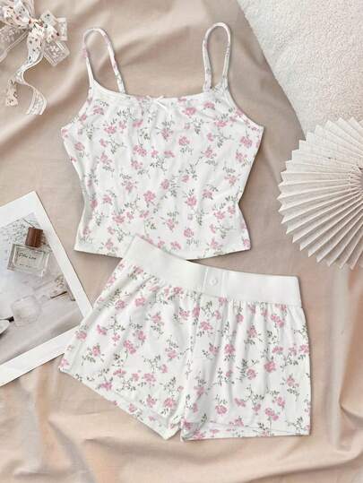 Tonårsflickor Vår & Sommar Alla hjärtans dag, Hem, Clean Girl/Amerikansk stil, Spetskant Rosett Vit Rosett Linne Och Supershorts Knappset Lämplig För Höst/Vinter Vardagskläder, Gatustil, Hem