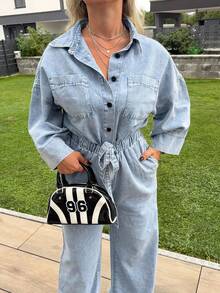 Jeta Ari 女式休闲轻薄牛仔连体裤，腰部抽绳，七分袖，适合都市休闲装，女士办公室装，秋季 - 淺色水洗藍 - 查看 3