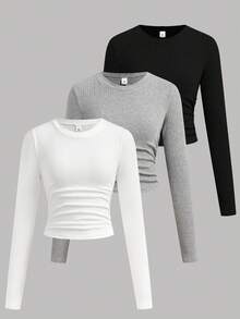 SHEIN Girlism 少女买一送二 3 件套纯色罗纹针织简约圆领腰侧褶修身百搭长袖 T 恤，休闲舒适 - 彩色 - 查看 1