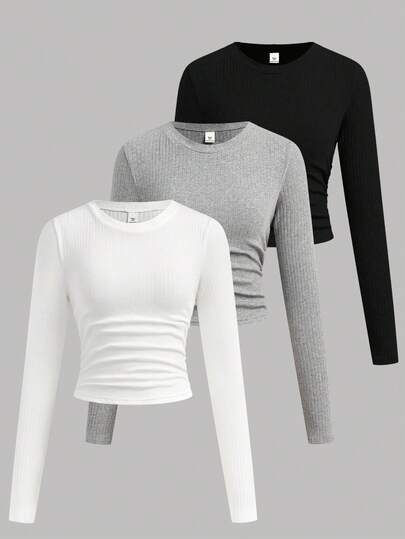 SHEIN Girlism 少女买一送二 3 件套纯色罗纹针织简约圆领腰侧褶修身百搭长袖 T 恤，休闲舒适