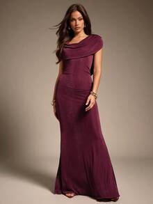 Hauture 女式性感夜场前后围脖领大胆肩部褶饰酒红色连衣裙 - 酒紅色 - 查看 3