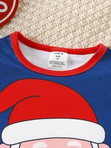 SHEIN 2件套男童休闲圣诞老人图案长袖T恤和裤子睡衣套装 - 藏蓝色 - 查看 7