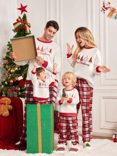Manfinity RelaxMax 1 Set Men's Christmas Letter & Christmas Tree Print Ringer Sweatshirt And Plaid Loose Pants, Family Matching Outfit