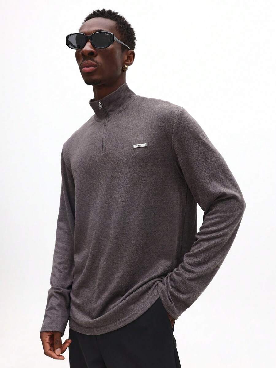 SUMWON 四分之一拉链套头长袖休闲卫衣，立领设计，适合秋冬季叠穿 - 灰色 - 查看 1