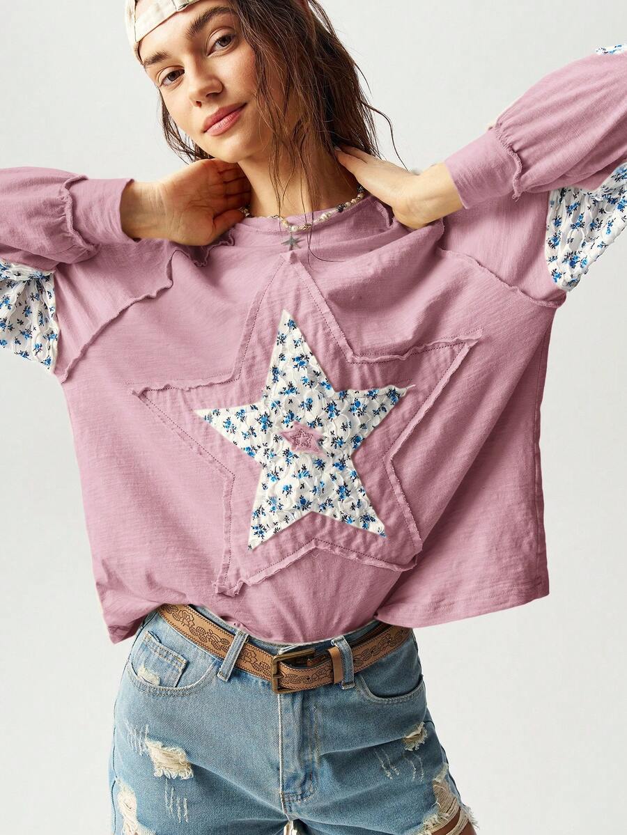 Bohemela Camiseta de manga larga con estampado de estrella de cinco puntas, estilo callejero y urbano para mujer de talla grande