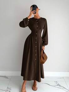 Siren Gaze Women's Solid Color Round Neck Lantern Sleeve Single-Breasted Elegant Long Dress Winter Party Brown Evening Dress Spring - Brown - View 6