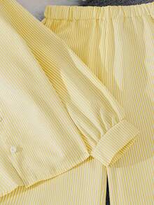 INAWLY 2 件套休闲通勤宽松前开衬衫和松紧腰直筒裤套装 - 黃色 - 查看 3