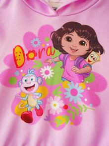 DORA | SHEIN sweat-shirt à capuche ample avec imprimé floral mignon de Dora et de singe pour jeunes filles, avec blocs de couleurs contrastées rayées arc-en-ciel, automne/hiver