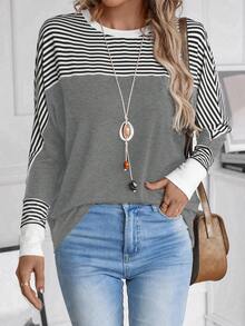 EMERY ROSE Plus Size Casual Loose Fit Round Neck Striped Batwing Long Sleeve T-Shirt - Grey - View 1