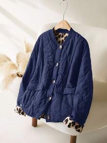 CosyJoli Cappotto imbottito casual di taglia grande con stampa leopardata e colore a contrasto - Blu Navy - Visualizzare 7