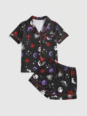 Goth Set pigiama a maniche corte e pantaloncini con stampa gotica di teschio, croce, occhio di cervo, ragnatela, luna piena