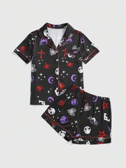 Goth Gothic Skull, Cross, Deer Eye, Spider Web, Moon Full Print Short Sleeve & Shorts Pajama Set