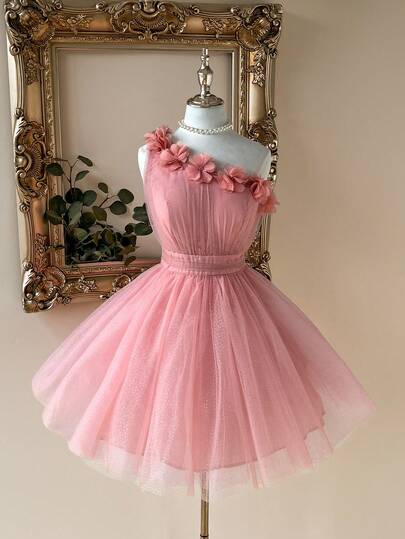 Lovelzi 优雅单肩 3D 花卉褶饰银色网眼 A 字晚会礼服舞会半正式婚礼宾客礼服，适合生日、毕业典礼、返校节