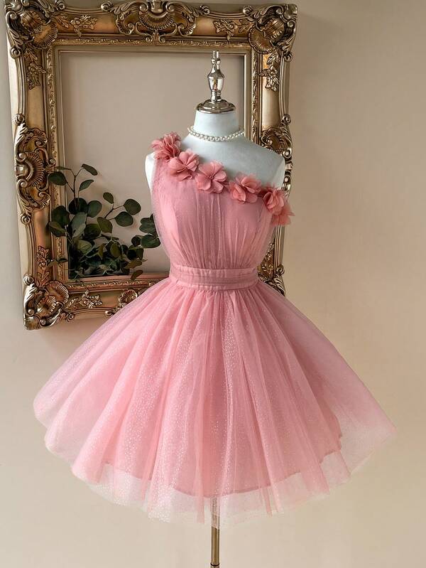 Lovelzi 优雅单肩 3D 花卉褶饰银色网眼 A 字晚会礼服舞会半正式婚礼宾客礼服，适合生日、毕业典礼、返校节