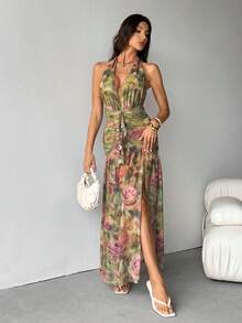 SHEIN Tall Váy maxi voan xẻ cao cổ chữ V sâu họa tiết hoa xanh lá cây và hồng thời trang xuân/hè, váy đi biển, váy thanh lịch gợi cảm, thích hợp mặc nhiều lớp vào mùa thu/đông, trang phục dự tiệc và hẹn hò, mọi mùa - màu xanh lá - Xem 3