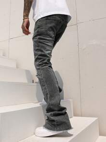 Manfinity Homme Men's Pocket Distressed Frayed Hem Flare Leg Casual Jeans Men Distressed Jeans - Dark Grey - View 6