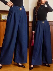Vintamour Women's Fashionable High Waist Pleated Wide Leg Jeans Denim Trousers With Decorative Button,Dark Blue,Summer,Elegant,Brunch,Chic Versatile Pants - Dark Wash - View 1