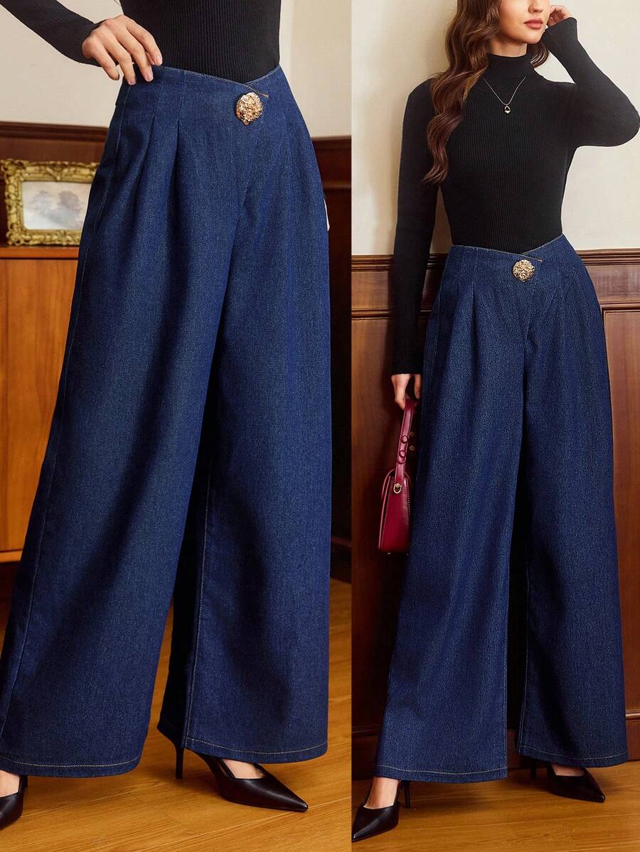 Vintamour Women's Fashionable High Waist Pleated Wide Leg Jeans Denim Trousers With Decorative Button,Dark Blue,Summer,Elegant,Brunch,Chic Versatile Pants - Dark Wash - View 1