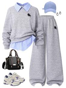 Sparklyn Set de 2 piezas para niñas preadolescentes: Sudadera estampada + Pantalones de pierna ancha, conjunto casual con cuello y bajo a rayas azul y blanco con parches