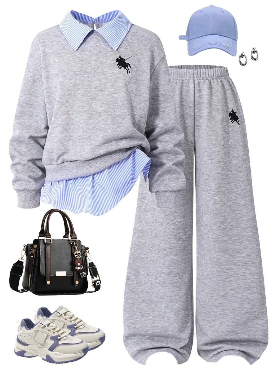 Sparklyn Set de 2 piezas para niñas preadolescentes: Sudadera estampada + Pantalones de pierna ancha, conjunto casual con cuello y bajo a rayas azul y blanco con parches