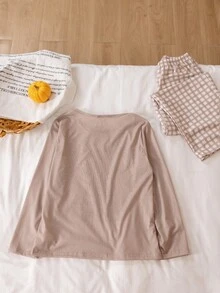 2 件男童柔软舒适薄睡衣套装，可爱卡通恐龙格子印花，休闲宽松长袖上衣和裤子睡衣 - 棕色 - 查看 2